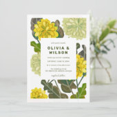 モダンな花柄の黄色と緑の結婚式招待状 招待状 (スタンド正面)