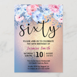 モダンな花柄ゴールドグリッター60歳の誕生日 招待状