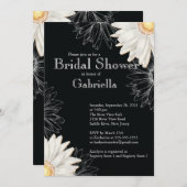 モダンな花柄 ブラック ホワイト デイジー ブライダルシャワー 招待状 (正面/裏面)