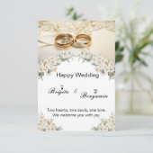 モダンな花飾りと2つのゴールドリングの結婚式 招待状 (スタンド正面)