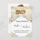 モダンな花飾りと2つのゴールドリングの結婚式 招待状 (正面/裏面)