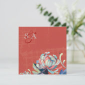 モダンな菊の赤い結婚式 招待状 (スタンド正面)