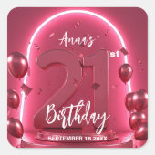 モダンな華やかさ 21歳の誕生日ネオンアーチとバルーン スクエアシール (正面)