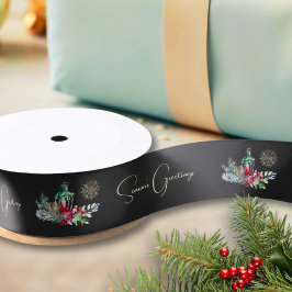 モダンな葉とランタンのクリスマスホリデー サテンリボン