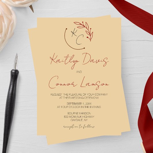 モダンな葉のイニシャル ウェディング 招待状