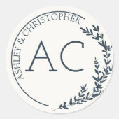 モダンな葉のフレーム ネイビーブルー結婚式 ラウンドシール (正面)