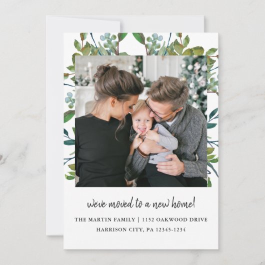 モダンな葉のボタニカル 住所変更写真カード 案内状 (正面)