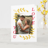 モダンな葉の花輪 ラブユー フォト ホワイト バレンタイン カード (黄色い花)