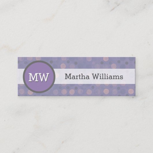 モダンな薄紫の紫色の水玉模様パターンモノグラム スキニー名刺 (正面)