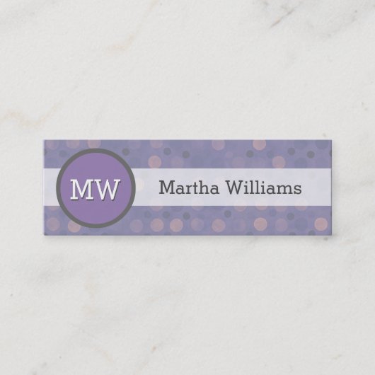モダンな薄紫の紫色の水玉模様パターンモノグラム スキニー名刺 (正面)