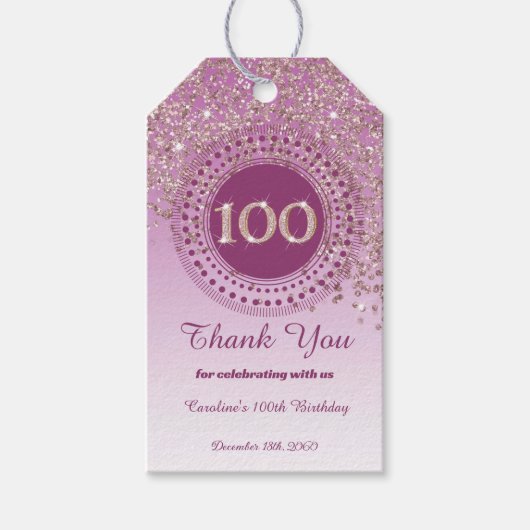 モダンな薔薇金ラメの100歳の誕生日 ギフトタグ (正面)