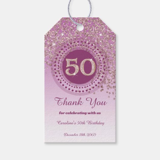 モダンな薔薇金ラメの50歳の誕生日 ギフトタグ (正面)
