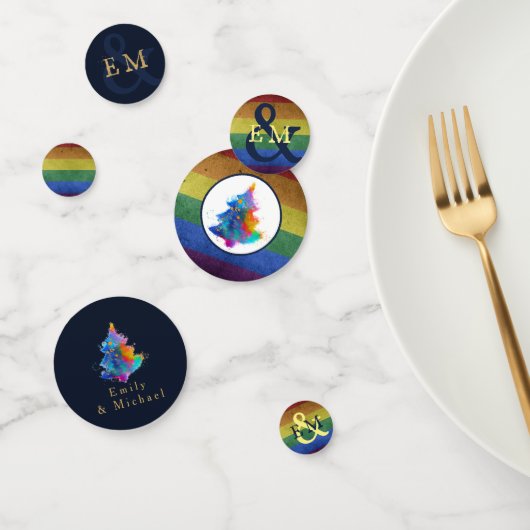 モダンな虹のクリスマスツリー カスタム モノグラム 青 コンフェッティ (グループ)