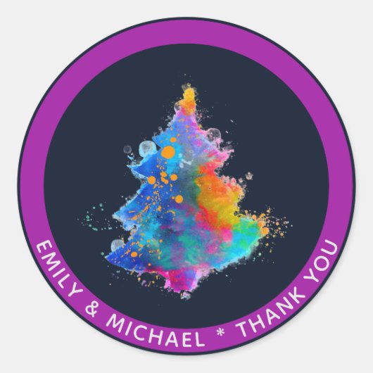 モダンな虹のクリスマスツリー ネイビーブルー カスタム ラウンドシール (正面)