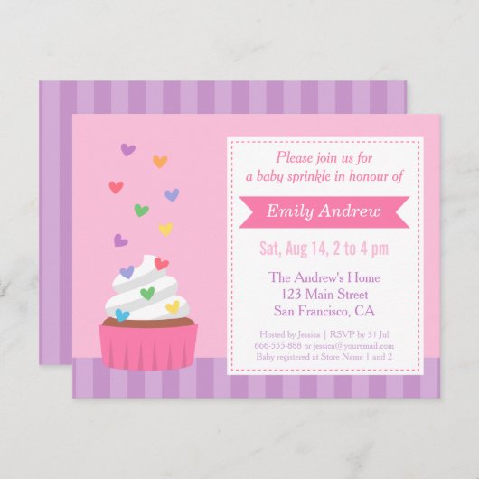 モダンな虹のハートのカップケーキのベビーはシャワーを振りかけます 招待状 (正面/裏面)