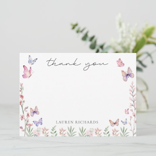 モダンな蝶のブライダルシャワー サンキューカード (スタンド正面)