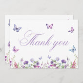 モダンな蝶の花の紫の結婚前お祝いパーティー サンキューカード (正面/裏面)