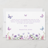 モダンな蝶の花の紫の結婚前お祝いパーティー サンキューカード (裏面)