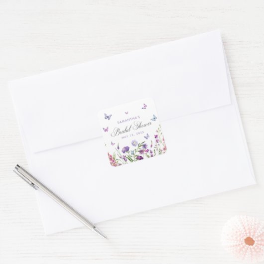 モダンな蝶の花紫のプリンセスシャワー スクエアシール (封筒)