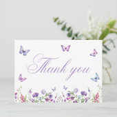 モダンな蝶の花紫色の結婚前お茶会 サンキューカード (スタンド正面)