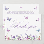 モダンな蝶の花紫色の結婚前お茶会 サンキューカード (正面/裏面)