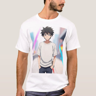 モダンな街路に立つ黒髪のアニメ少年 – Tシャツ