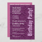 モダンな誕生日の紫色およびピンクのダマスク織のテンプレート 招待状 (正面/裏面)