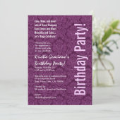 モダンな誕生日の紫色およびピンクのダマスク織のテンプレート 招待状 (スタンド正面)