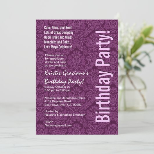 モダンな誕生日の紫色およびピンクのダマスク織のテンプレート 招待状 (スタンド正面)