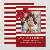 モダンな誕生日リボンの写真 招待状 (正面/裏面)