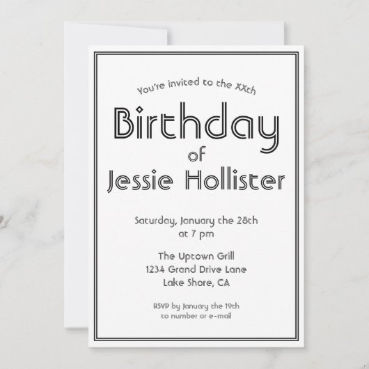 モダンな誕生日招待状（あらゆる年齢に対応）| ブラック＆ホワイト 招待状 (正面)