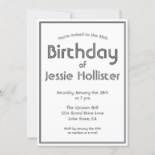 モダンな誕生日招待状（あらゆる年齢に対応）  ブラック＆ホワイト 招待状