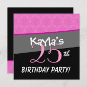 モダンな誕生日 ピンクとブラックの花 星柄 招待状 (正面/裏面)