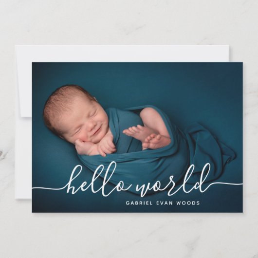 モダンな誕生記念フォトコラージュ Hello World 案内状 (正面)