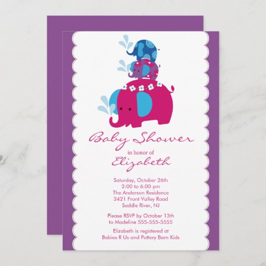 モダンな象のベビーシャワーの招待状の双生児及びお母さん 招待状 (正面/裏面)