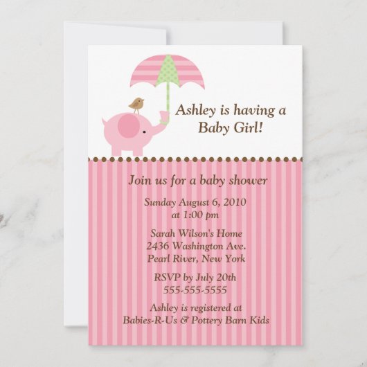 モダンな象の傘の女の赤ちゃんのシャワー 招待状 (正面)