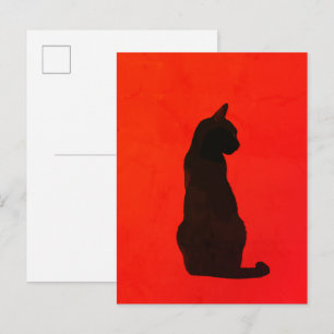 モダンな赤いアート ミニマリスト 黒猫 シルエット ポストカード