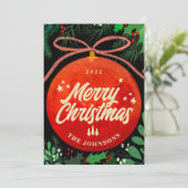 モダンな赤いクリスマスのボールオーナメント - 植物学 シーズンカード (スタンド正面)