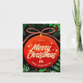 モダンな赤いクリスマスボールオーナメント 植物学 シーズンカード (正面)