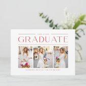 モダンな赤いタイポグラフィーの3枚写真 卒業のお知らせ 案内状 (スタンド正面)