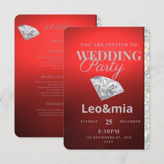 モダンな赤いダイヤモンドの結婚式パーティー招待状 出欠カード (正面/裏面)