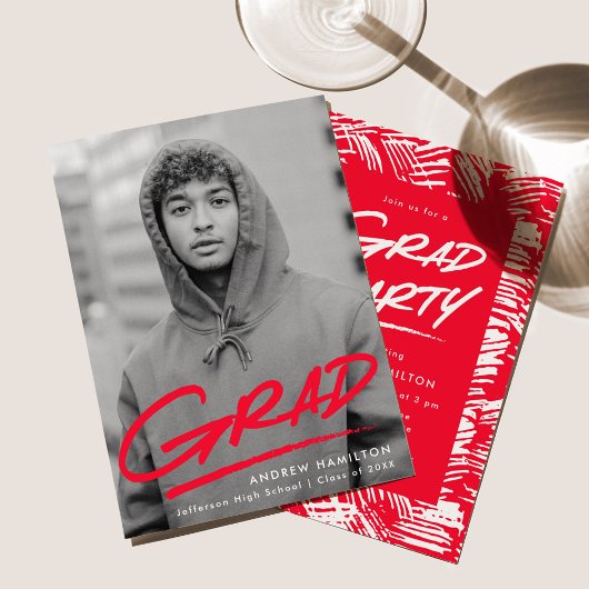 モダンな赤いダッシュの写真 卒業パーティー 招待状