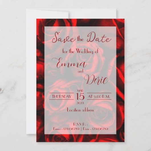 モダンな赤いバラと赤いテキストのSave the Date 招待状 (正面)