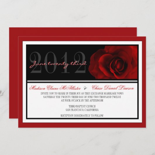 モダンな赤いバラの結婚式の招待 招待状 (正面/裏面)