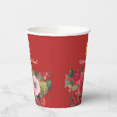 モダンな赤いピンクの水彩花のダブルハピネス 紙コップ (左)