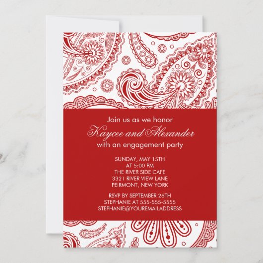 モダンな赤いペイズリー柄のエンゲージメントパーティー招待状 招待状 (正面)