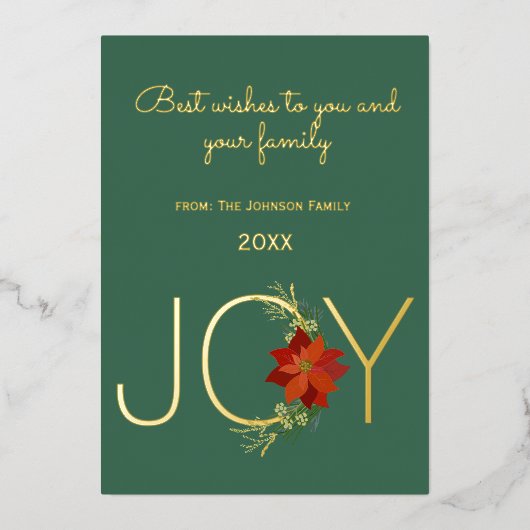 モダンな赤いポインセチアのホリデージョイクリスマス 箔シーズンカード (正面)