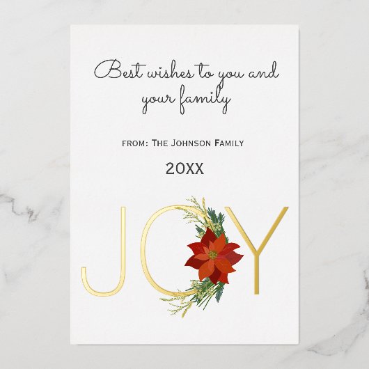 モダンな赤いポインセチアのホリデージョイクリスマス 箔シーズンカード (正面)