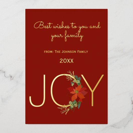 モダンな赤いポインセチアのホリデージョイクリスマス 箔シーズンカード (正面)