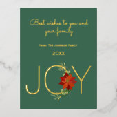 モダンな赤いポインセチアのホリデージョイクリスマス 箔シーズンポストカード (正面)